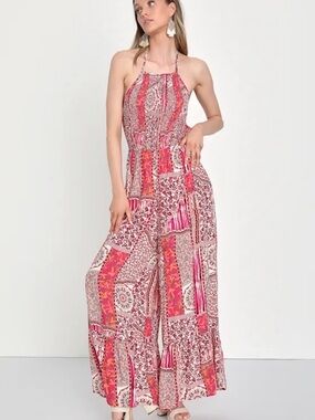 Lulu's Boho Patchwork Halter Jumpsuit in Hot Pink & Cream